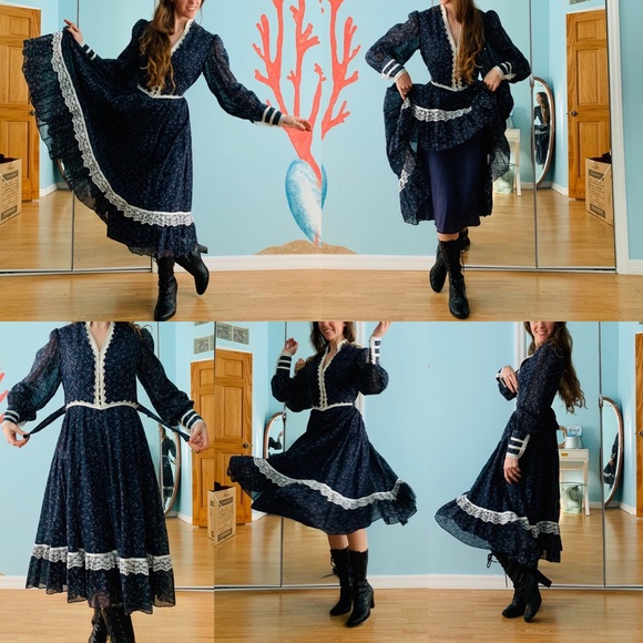 SOLD- Rare Gunne Sax Dark Blue Midi Dress - Picture 4 of 9